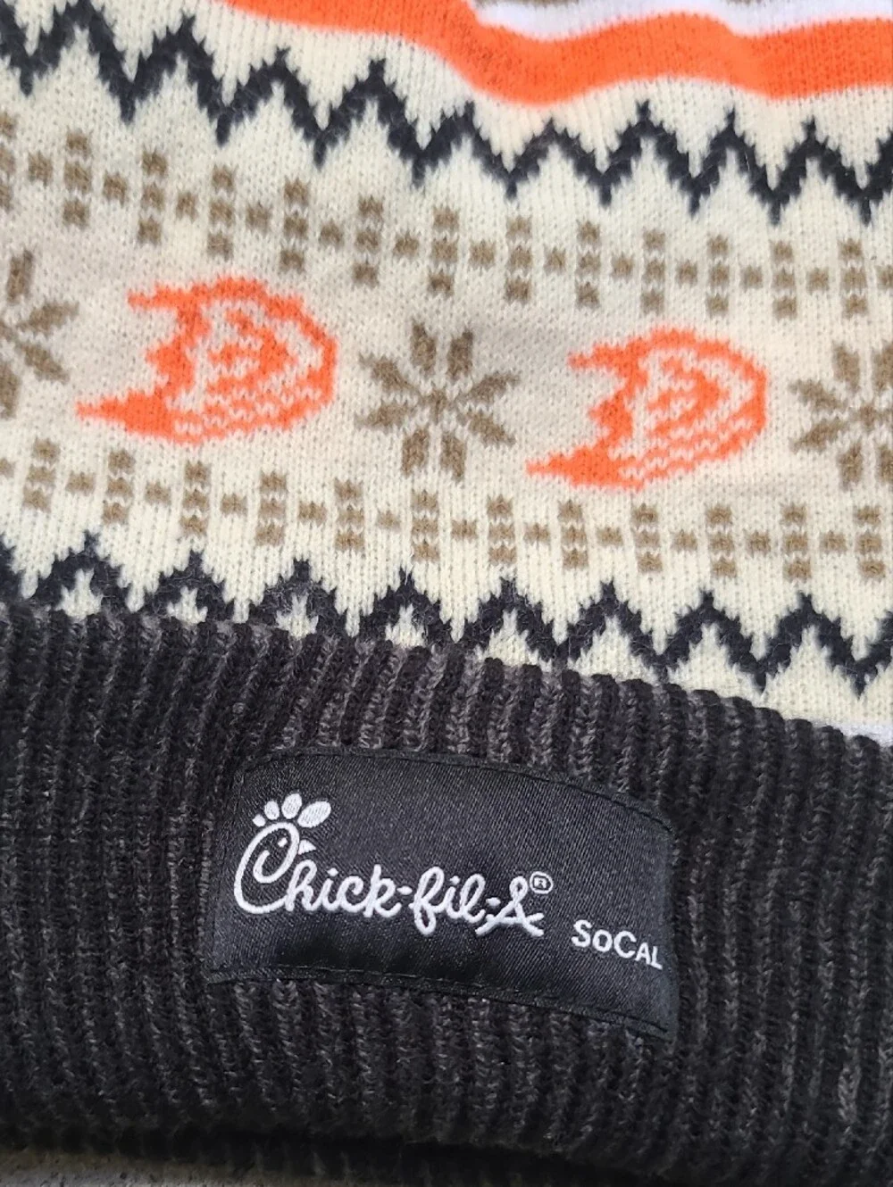 Pom-Pom Knit Hat with Duck Patch — Brown, Orange, Cream